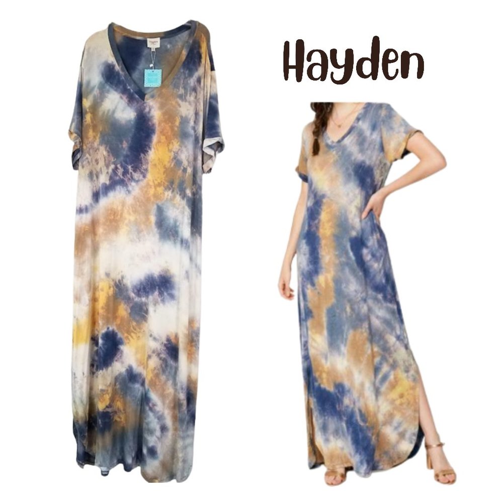 HAYDEN Blue & Gold V-Neck Tie-Dyed Super Long Maxi Dress - Women's 2X